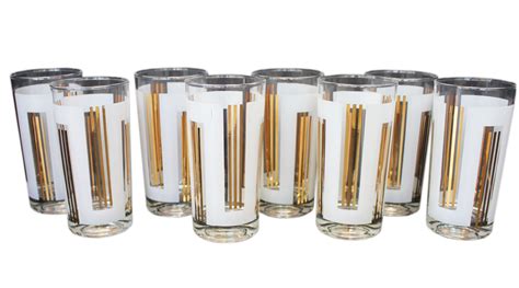 Gold And White Deco Style Collins Vintage Glasses Set Of 8