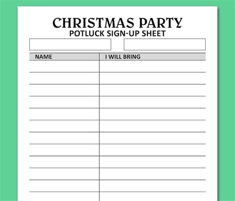 Printable Christmas Potluck Sign Up Sheet