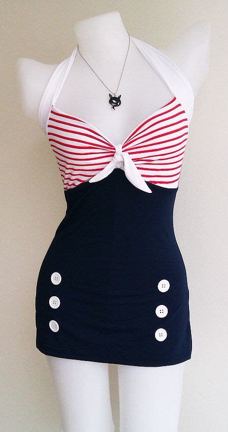 Vtg 50s Bettie Women Swimsuit In Navy Blue Polka Retro Vintage Sailor