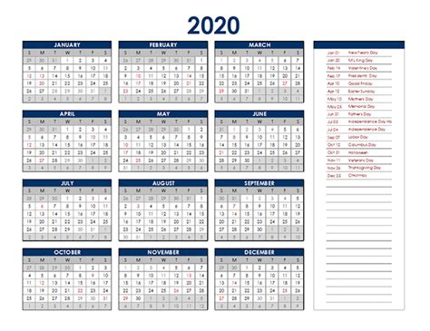 2020 Excel Yearly Calendar Free Printable Templates