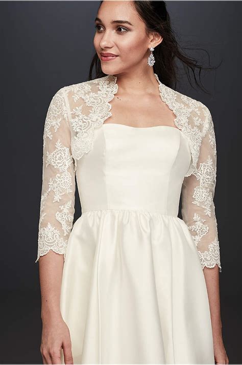 To form this outfit, you can wear a grey wrap shawl sweater over a white chiffon buttonless blouse. Short Sleeve Satin Bolero Jacket | David's Bridal