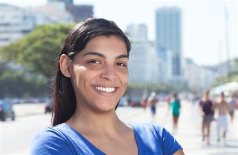 Laughing Latin Woman With Long Dark Hair In The City Stock Image Image Of Camera Fashionable