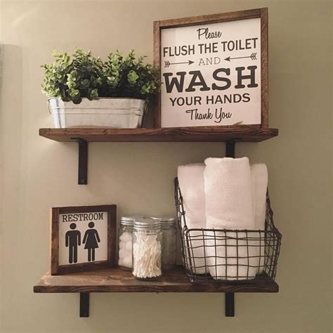 Here are wonderful farmhouse bathroom ideas that would match any home style: Open Shelves | Farmhouse Decor | Fixer Upper Style | Wood ...