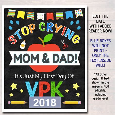 Stop Crying Mom And Dad Back First Day Of Vpk Chalkboard Sign Tidylady