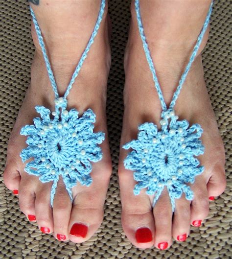 Barefoot Sandals Light Blue Beaded Pearl Crochet Beach Wear Nude