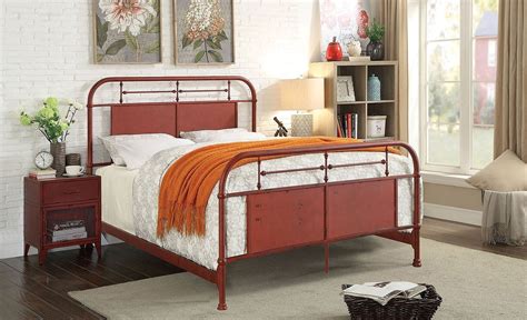 Sturdy metal frame featuring curved design with vintage and industrial feel ; Haldus Metal Bedroom Set (Distressed Red) by Furniture of ...