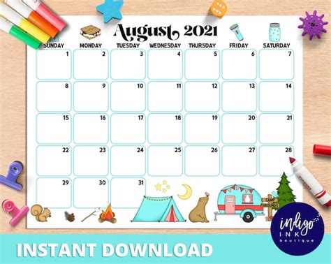 August Calendar Instant Download Monthly Planner Digital Calendar