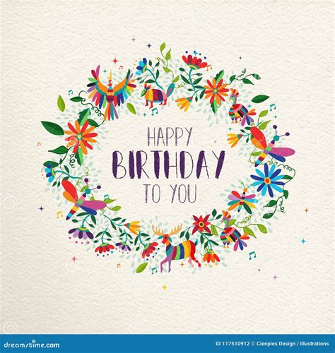 Happy Birthday Spring Flower Wreath Greeting Card Stock Vector