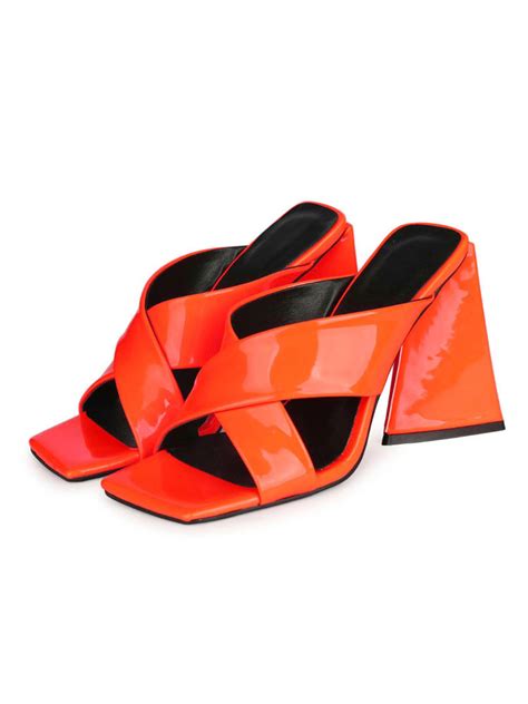 Orange Heeled Mules For Women Square Toe Chunky Heel Pu Leather Summer