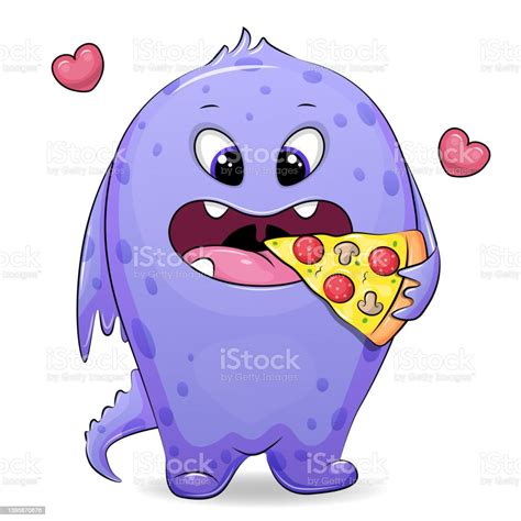 ilustración de lindo monstruo de dibujos animados comiendo pizza y más vectores libres de