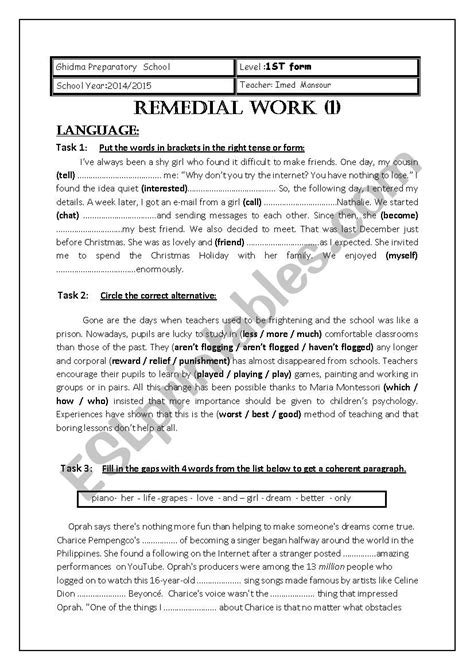 Remedial Work 1st Form 1 Esl Worksheet By Barbi3i