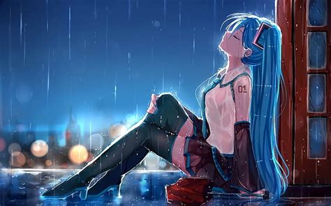 Hd Wallpaper Anime Boy Cat Sadness Profile View Bokeh Raining