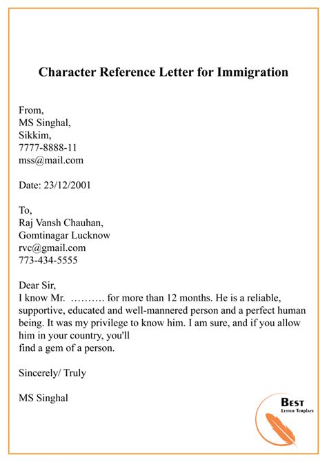 Character Reference Letter For Immigration Sample And Example