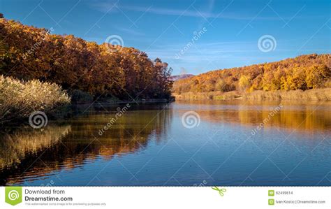 Fall Scene With Autumn Trees Reflection In Lake Stock