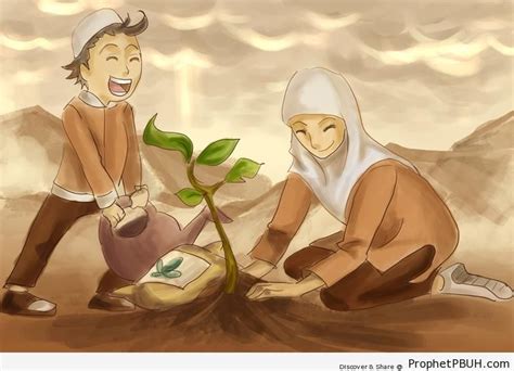 Muslim Woman And Boy Planting Tree Drawings Prophet Pbuh Peace Be