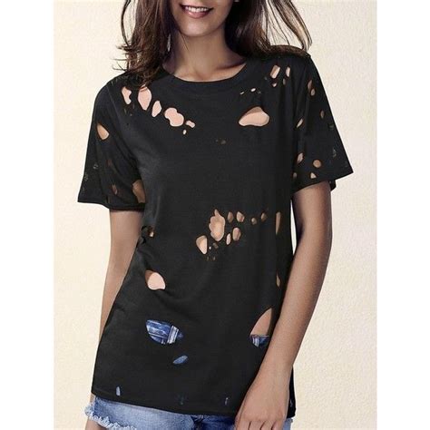 Round Neck Short Sleeve Ripped T Shirt 10 Liked On Polyvore Featuring Tops T Shirts