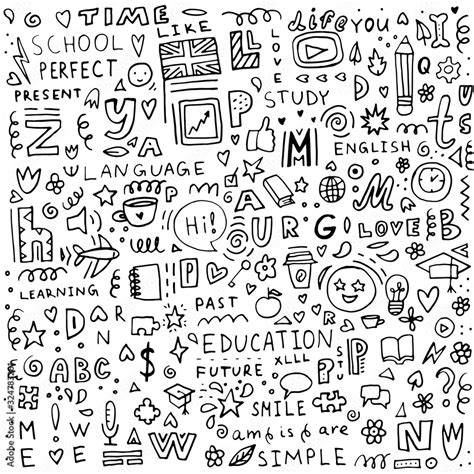 Black And White Doodle Background About Learning English For A Language