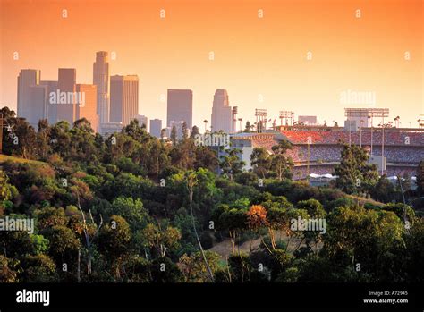 Dodgers Stadium And City Skyline Los Angeles California At Sunset Stock