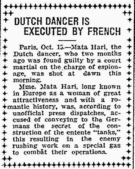 Mata Hari Executed As Spy Oct 15 1917 Mata Hari Marie Curie James