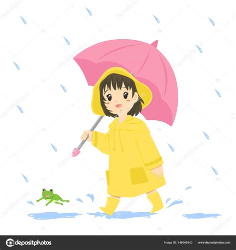Cute Little Girl Wearing Yellow Raincoat Holding Pink Umbrella Walking