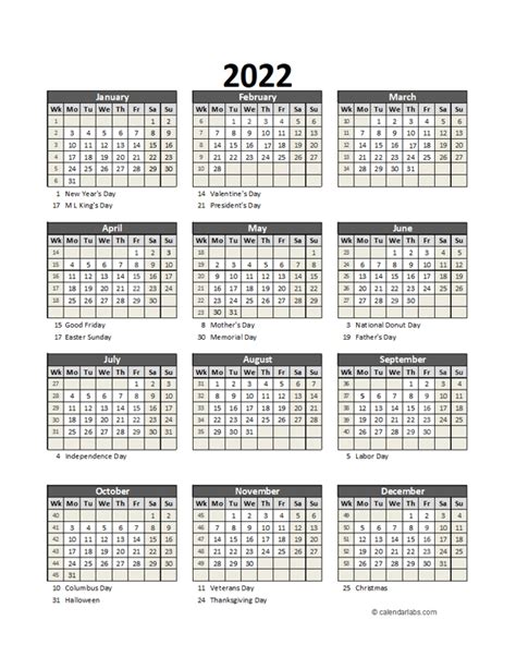 2022 Printable Calendar With Holidays Free Printable Templates