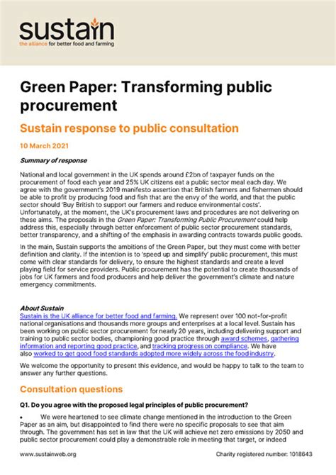 Green Paper Transforming Public Procurement Sustain Response Sustain