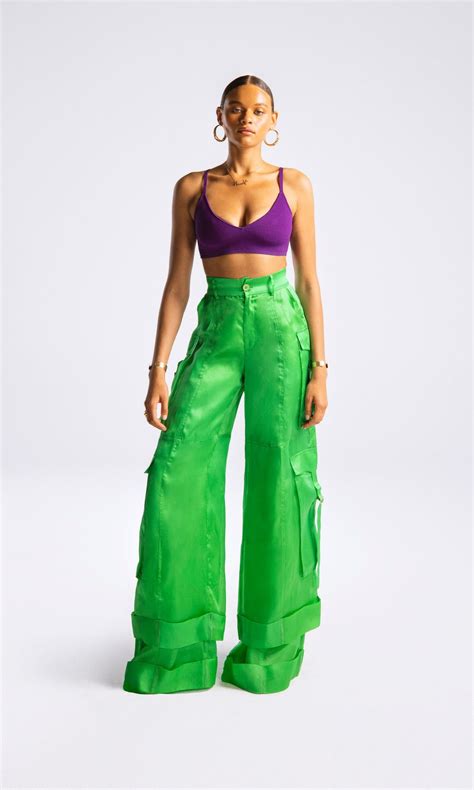 green cargo pants with purple top