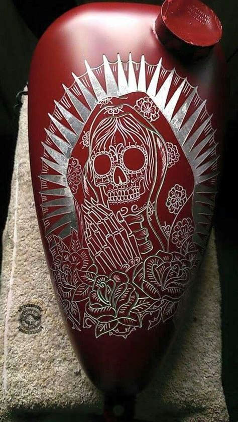 Sugar Skull Pic Etched Into Paint On Gas Tank Custom Motorcycle Paint