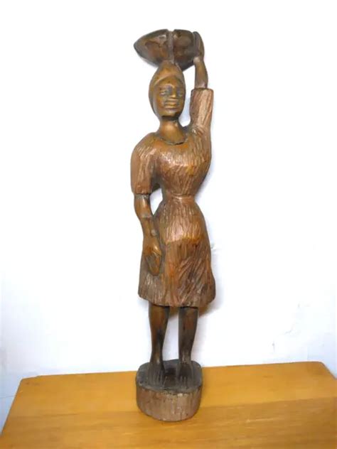 African Sculpture Tribal Woman Water Pot On Head Wood Carving
