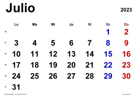 Calendario Julio 2023 En Word Excel Y Pdf Calendarpedia