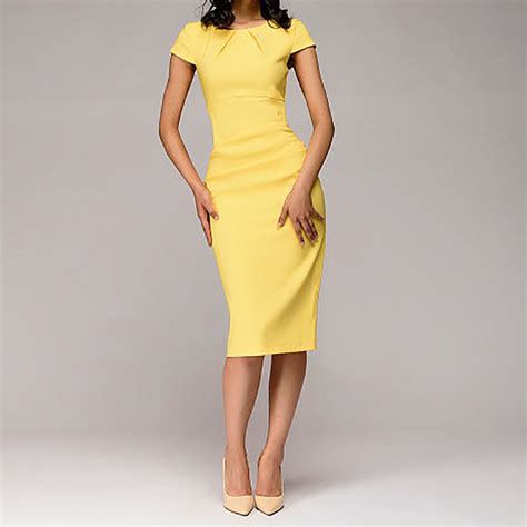 Dress Elegant Midi Dress Sheath Short Sleeve O Neck Solid Slim Yellow Dress Vestido Casual