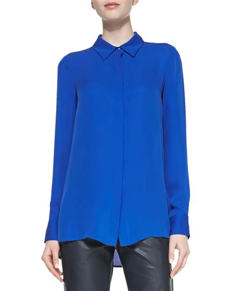 Vince Classic Long Sleeve Silk Blouse In Blue Lyst