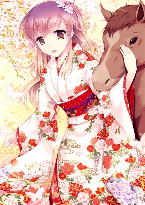 Anime Girl Cute Long Hair Dress Horse Kimono Flower