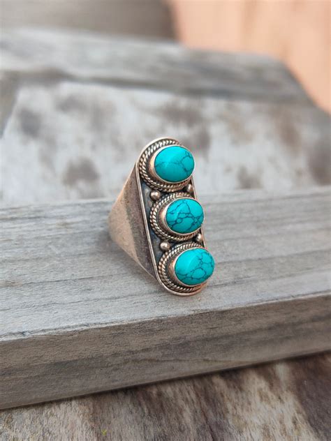 Boho Statement Ring Turquoise Sterling Silver Ring Hand Etsy