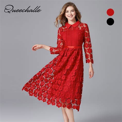 Queechalle 2021 Autumn Dress Black Red Mid Long Hollow Out Elegant Lace