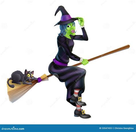 Witch On Broom With Black Cat Stock Vector Illustration Of Flying