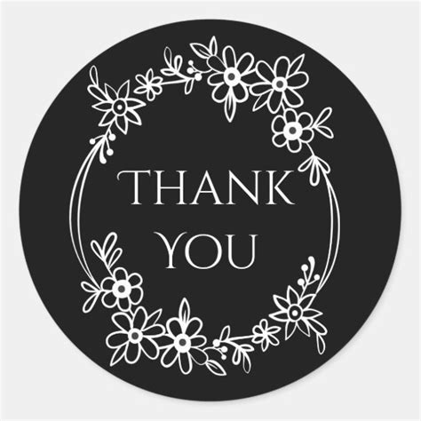Floral Black And White Thank You Flower Wreath Classic Round Sticker