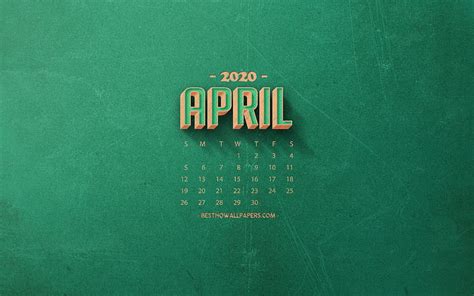 2020 April Calendar Green Retro Background 2020 Spring Calendars