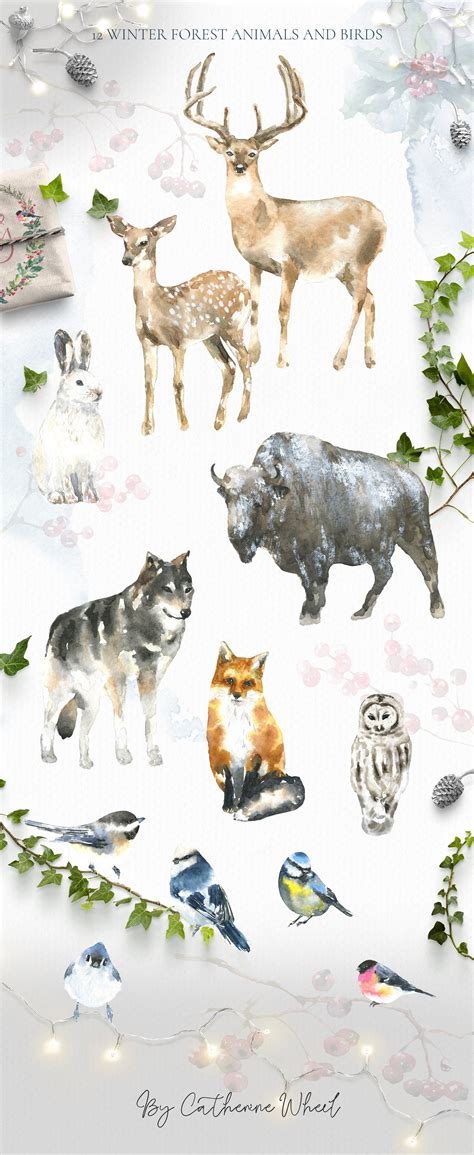 Christmas Watercolor Animals Vintage Woodland Animal