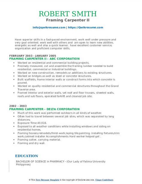 Jun 23, 2021 · first, analyze what it means to be a fast learner and make a list of similar terms you can use so you don't repeat yourself on your resume and cover letter: Framing Carpenter Resume Samples | QwikResume