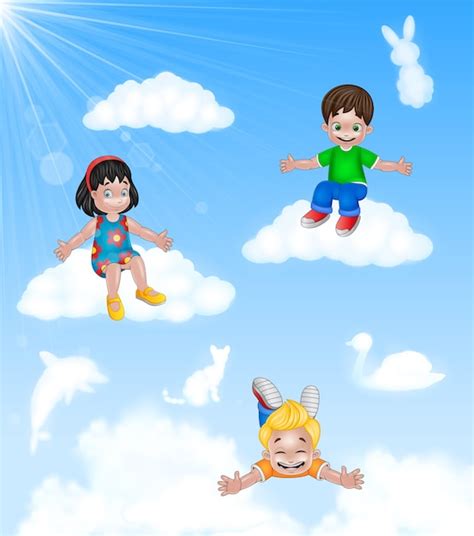 Premium Vector Cartoon Happy Little Kids Sitting On Cloud