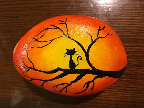 Cat Tree Sunset Painted Rock Fall Canvas Painting Stone Art Painting