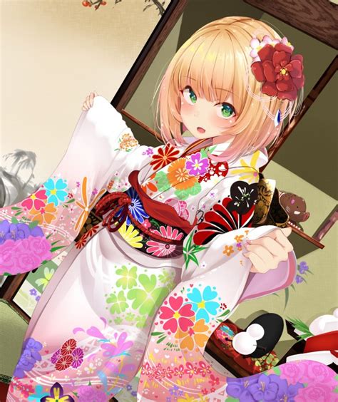 Wallpaper Blonde Anime Girl Kimono Cute Flower