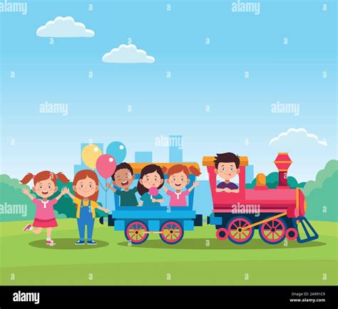 Happy Children Day Design With Train With Cartoon Happy Kids In The