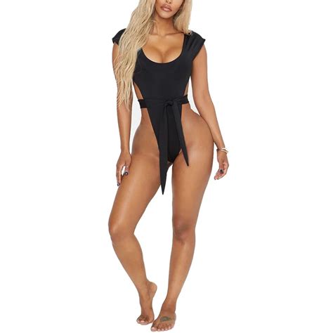 2019 New Black Strappy Swimsuit Sexy One Piece High Cut Cheeky Monokini