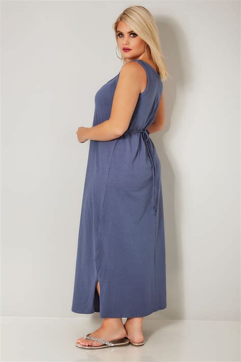 Blue Chambray Sleeveless Maxi Dress With Plait Trim Plus Size 16 To 36