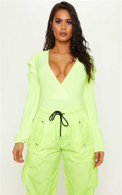Neon Lime Slinky Plunge Balloon Sleeve Bodysuit Prettylittlething