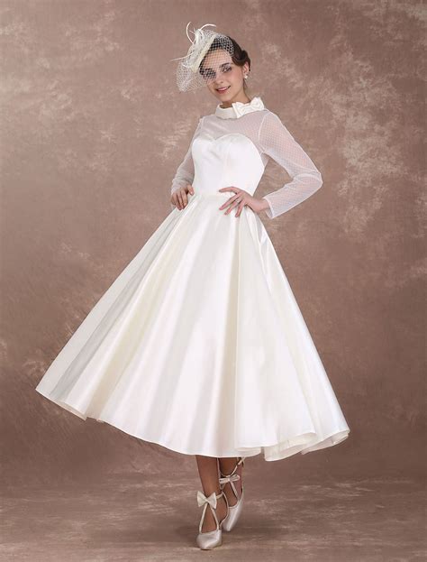 Wedding Dresses Short 1950 Vintage Bridal Dress Long Sleeve Sweetheart