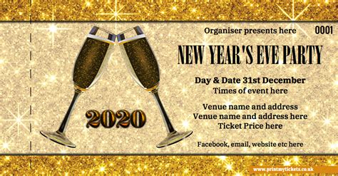 Ticket Printing New Years Eve Golden Glitter 1 Part Tickets 4 Print