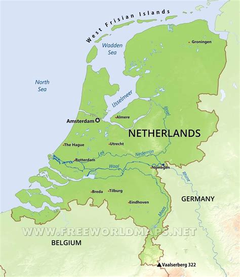 Olanda fizice hartă - harta Fizică a țărilor de Jos (Europa de Vest